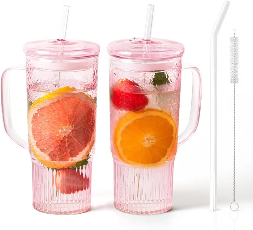 Vista 9 de JunVpic Tazas de vidrio con tapas y popotes, ámbar 20 OZ. Vasos para agua helada, zumo, té, leche, batido y bebidas frías o calientes, juego de 2