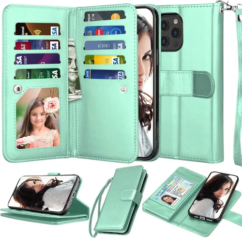 Vista 9 de NJJEX - Funda tipo cartera para iPhone 12 Pro Max, 9 ranuras para tarjetas, color negro Cuero sintético, soporte para tarjeta de crédito