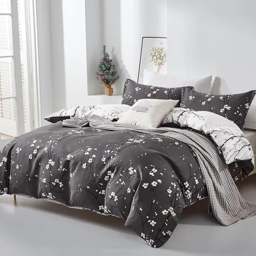 Vista 2 de WONGS BEDDING - Juego de funda de edredón floral, tamaño queen, gris oscuro, 3 piezas, ropa de cama con estampado de flores de ciruelo, con 2 fundas