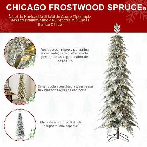Vista 3 de Glitzhome Árbol de Navidad Artificial de 7.5 pies, Árbol de Navidad Tipo Lápiz Preiluminado con Efecto Nevado Chicago Frostwood Spruce con 350 Luces