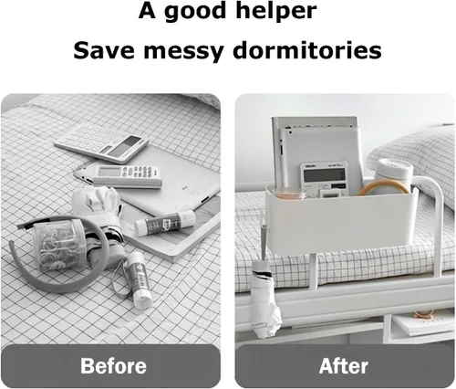Vista 7 de Organizador de cesta colgante con ganchos para dormitorio, literas, estante para mesa de noche, soporte de almacenamiento para controles remotos