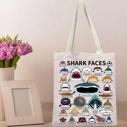 Vista 6 de BWWKTOP Bolsa de lona con cara de tiburón, regalo para amantes de los tiburones, bolsas reutilizables para comestibles