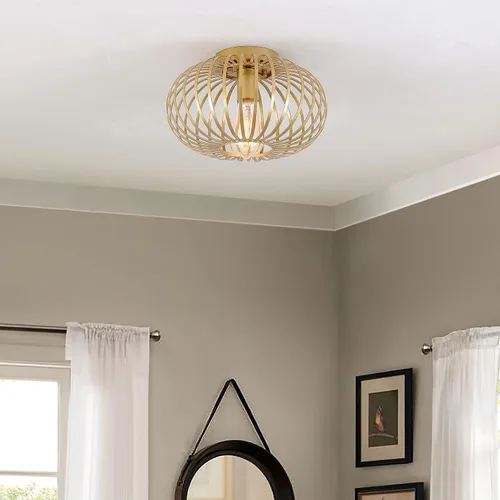 Vista 3 de Fivess Lighting Moderna lámpara de montaje empotrado dorada con jaula de metal, lámpara de techo semiempotrada para pasillo, dormitorio, cocina