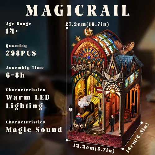 Vista 3 de Kit de rincón de libros, estante en miniatura para casa con luces LED y música, rompecabezas de madera 3D de estación de tren retro para adultos