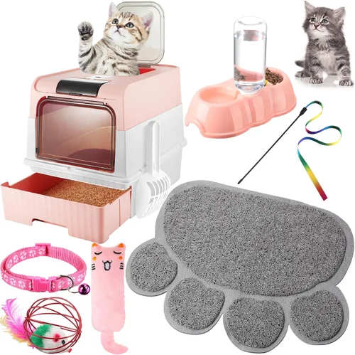 Vista 9 de Tioncy Kit de iniciación de 7 piezas para gatos pequeños, caja de arena para gatos con pala y alfombrilla de arena para patas, cuencos dobles Negro