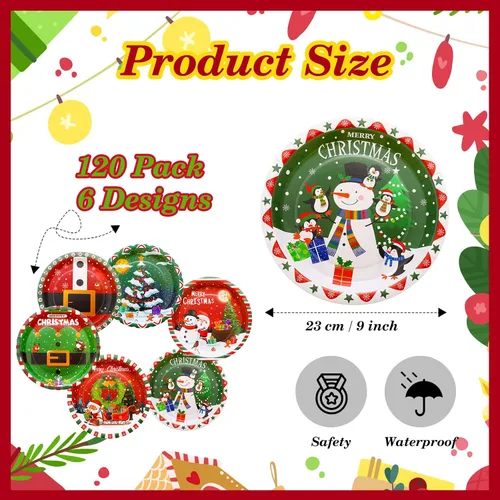 Vista 4 de Sliner 120 platos de papel de Navidad desechables, 9 pulgadas