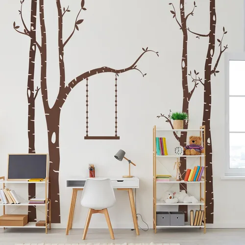 Vista 10 de Calcomanías de pared de árbol grande, arte de pared de bosque de abedul, despegar y pegar, calcomanías de pared para guardería, dormitorio, sala