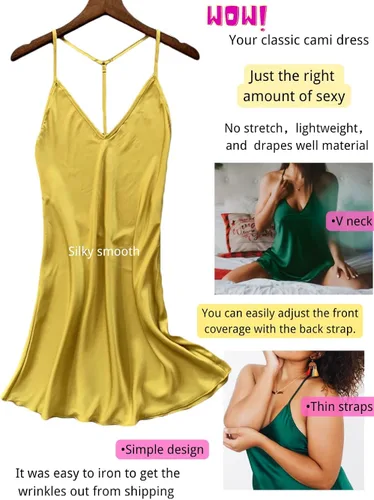 Vista 3 de Kaei&Shi Camisón de satén sedoso, lencería sin espalda para mujer, ropa de dormir suelta, mini camisón, camisola con tirantes delgados