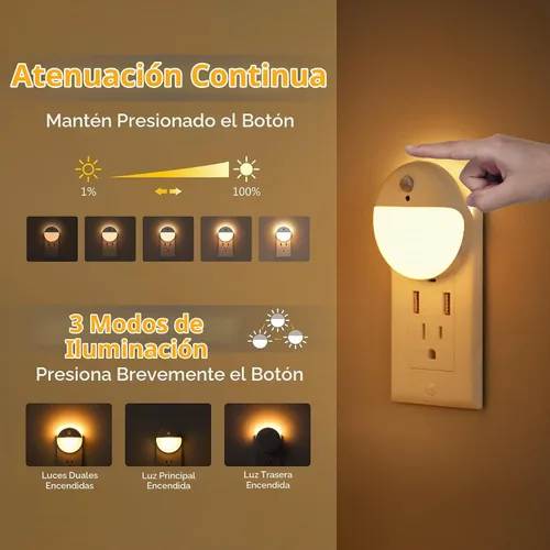 Vista 4 de YUNLEX Paquete de 2 luces nocturnas enchufables con sensor de movimiento y sensor de atardecer a amanecer, atenuación continua, luz nocturna LED