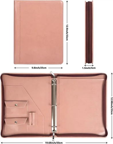 Vista 2 de AZXCG Carpeta de 3 anillas, cartera de cuero vegano con cremallera con soporte para bloc de notas tamaño A4/carta, organizador de trabajo