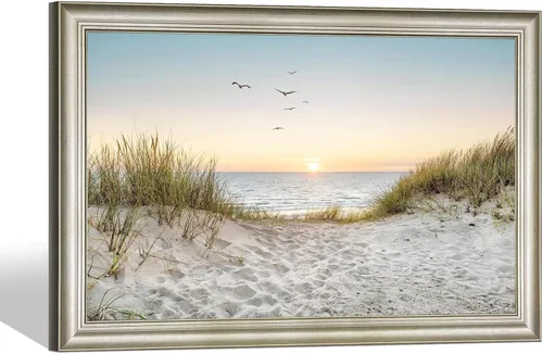 Vista 8 de Arte de Pared de Playa en Lienzo para Baño: Obra de Arte Impresa de Puesta de Sol Costera y Océano, Escena Marina Moderna, Imagen de Paisaje Marino