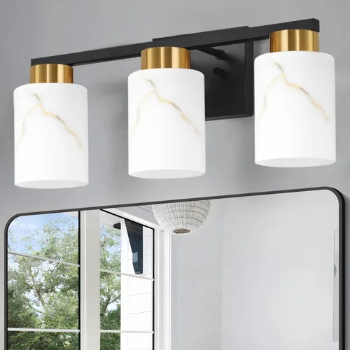 Vista 13 de Juego de 2 apliques de pared dorados con pantalla de vidrio de mármol, accesorios modernos de tocador de baño para dormitorio, pasillo, entrada