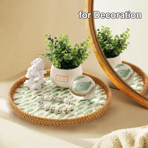 Vista 7 de Bandeja redonda de ratán con incrustaciones de nácar, bandeja de ratán para café, pan, frutas, bandeja decorativa de mimbre para decoración de mesa