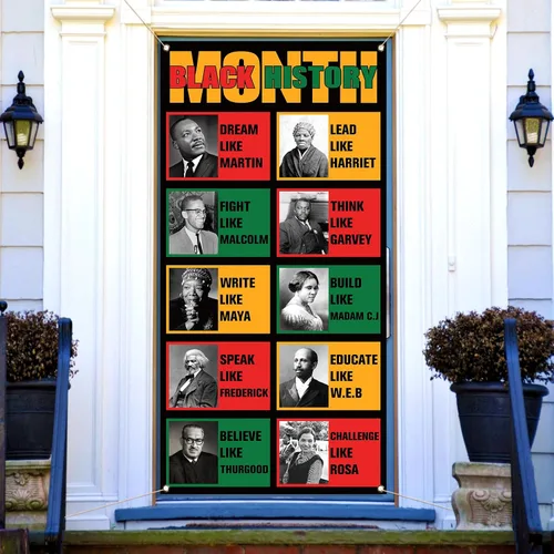 Vista 2 de Cubierta de puerta del mes de la historia negra Afroamericano Festival Holiday Party Banner de la puerta delantera fotografía hogar porche decoración