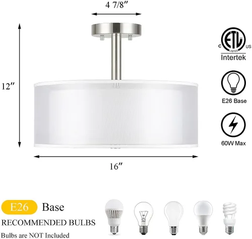 Vista 5 de XiNBEi Lighting XB-SF1194-BN - Lámpara de techo semiempotrada con pantalla de tela, lámpara de techo semiempotrada de tambor de 16 pulgadas