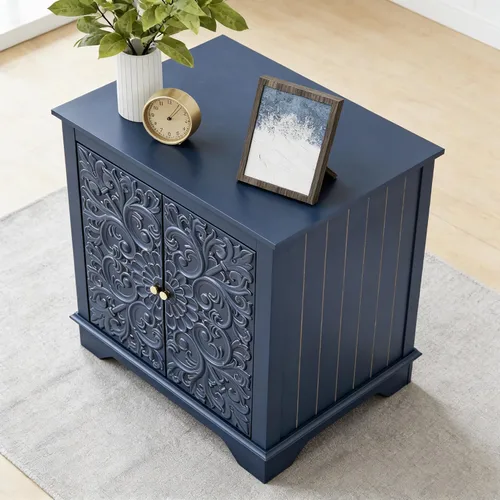 Vista 8 de weselon Mesa auxiliar de estilo granja con puerta floral tallada, mesita de noche de 24 pulgadas de ancho con estante ajustable, mesa auxiliar