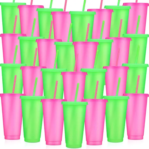 Vista 29 de Honeydak Paquete de 60 vasos con popote y tapa, vasos a granel para regalos, tazas de café de plástico con purpurina de 24 a 27 onzas, botella