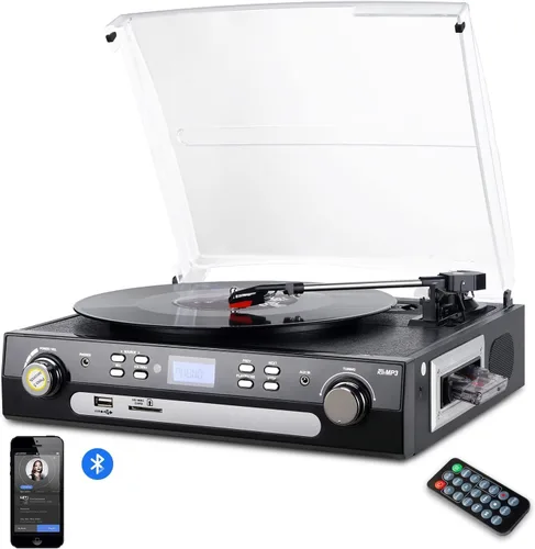Vista 10 de FEKTIK Tocadiscos Bluetooth 10 en 1 con altavoz incorporado, reproductor de discos de vinilo, casete de CD y radio FM, AUX en USB grabación MP3 Negro