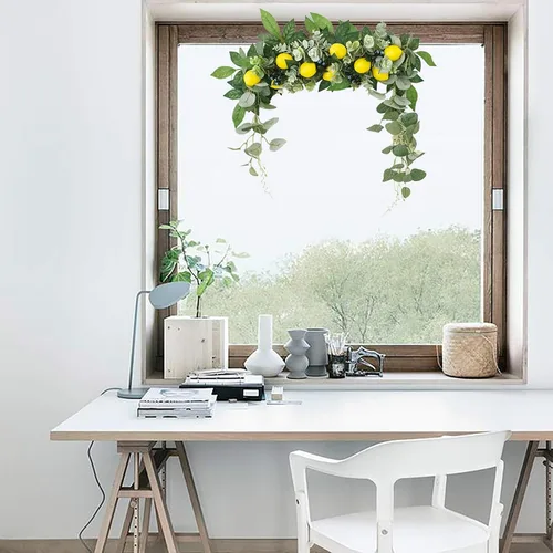 Vista 6 de Firlar Guirnalda de flores artificiales, 18 pulgadas con bayas de limón, hojas verdes, adorno colgante floral para puerta, para boda, hogar, fiesta