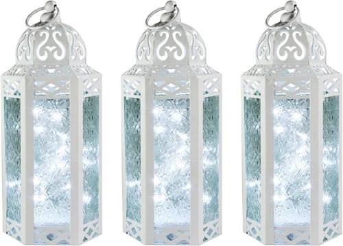 Vista 18 de VELA LANTERNS Juego de 2 portavelas decorativos de LED con luces de hadas de 12" de metal marroquí para colgar o mesa, decoración del hogar