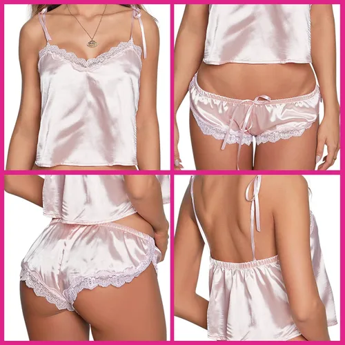 Vista 3 de Besame Babydoll - Conjunto de ropa de dormir de satén brillante para mujer
