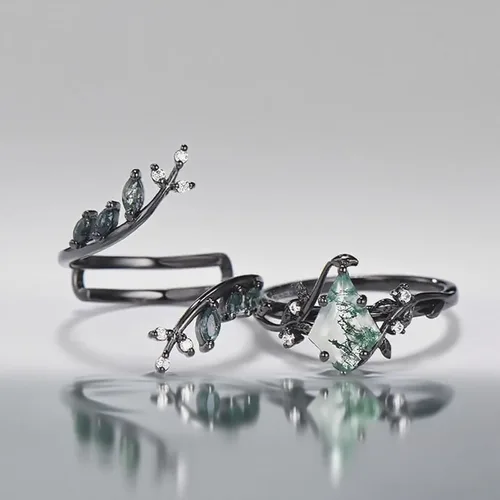 Vista 6 de Black Glod - Juego de anillos de compromiso de ágata musgo natural para mujer, anillo de compromiso de aniversario, plata de ley 925 o anillo