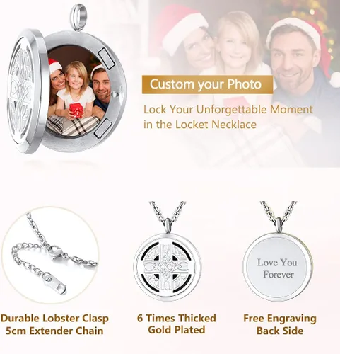 Vista 4 de Supcare - Collar con medallón que sostiene imágenes grabadas con foto, regalo personalizado para hombres y mujeres (con caja de regalo de joyería)