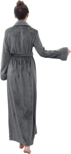Vista 4 de Hellomamma Bata de baño larga para mujer, de felpa suave, de forro polar, camisón para mujer, pijama, ropa de dormir