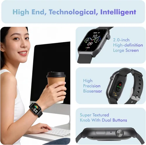 Vista 5 de YMS Reloj inteligente Android para mujer, llamada Bluetooth, compatible con Android e iOS, pantalla HD de 2.0 pulgadas, rastreador de frecuencia
