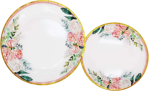 Vista 5 de Boosolo Suministros florales para fiestas, juegos de platos de papel y servilletas para 24 invitados, incluye platos de papel desechables florales