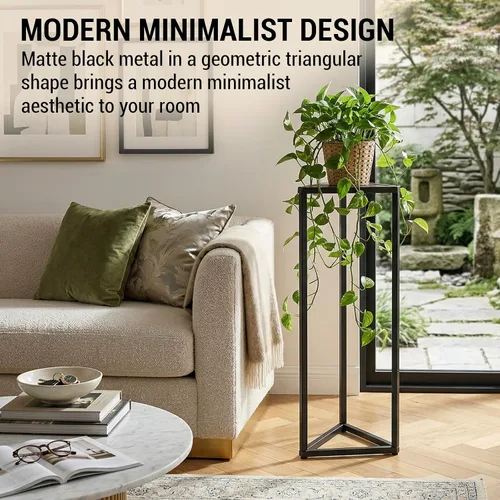 Vista 2 de MyGift Soporte para plantas de 36 pulgadas de alto para interiores, soporte de esquina triangular moderno, de madera soplada grande y marco de metal