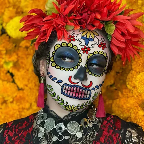 Vista 5 de Kit de maquillaje de tatuajes faciales del Día de los Muertos, paquete de 10 tatuajes temporales para Halloween, calavera de azúcar, rosas rojas