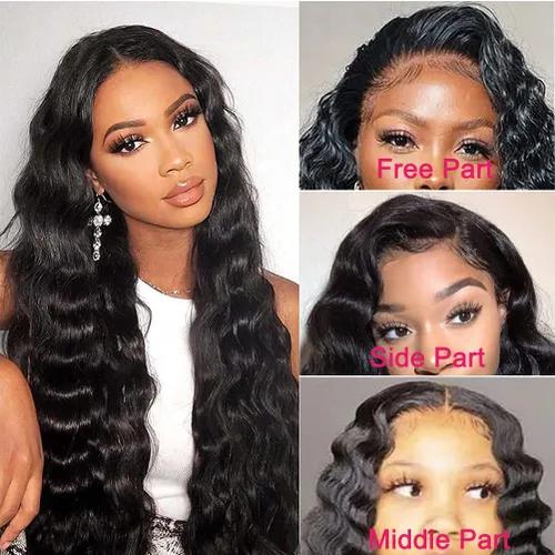 Vista 3 de Pelucas sueltas de cabello humano ondulado profundo con encaje frontal, prearrancado, pelucas de encaje frontal de 13 x 4 para mujeres negras