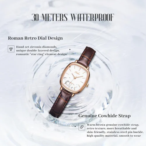 Vista 4 de Reloj clásico de cuarzo para mujer, elegante y resistente, con correa de piel de vacuno, perfecto para cualquier ocasión