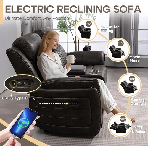 Vista 5 de Sofá biplaza reclinable eléctrico Zero Gravity con reposacabezas ajustables, sillón reclinable eléctrico con consola, sofá reclinable eléctrico de 2