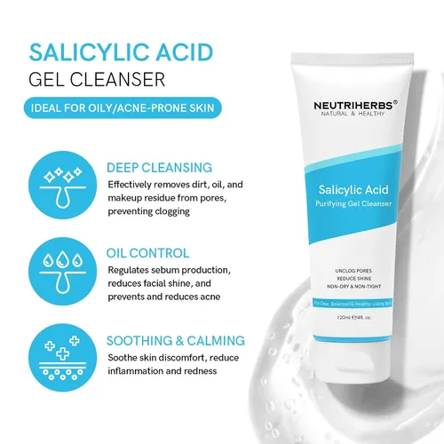 Vista 2 de Neutriherbs Limpiador de gel de ácido salicílico, lavado facial con control de aceite propenso al acné, desatasca los poros, elimina el lavado