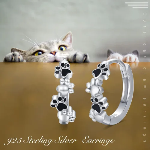 Vista 5 de Aretes de perro para mujer, aretes de aro pequeños de plata de ley con estampado de patas, aretes de aro para cachorros, aretes de pata de gato