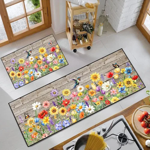 Vista 14 de JWXCBIM Juego de 2 alfombras de cocina con diseño de gato, decoración de estilo granja campestre, tapete de piso de cocina, alfombra antideslizante