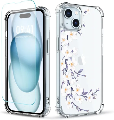 Vista 25 de Funda para iPhone 14, [3 en 1] con protector de pantalla y protector de lente de cámara, diseño de patrón de flores, transparente, suave, a prueba