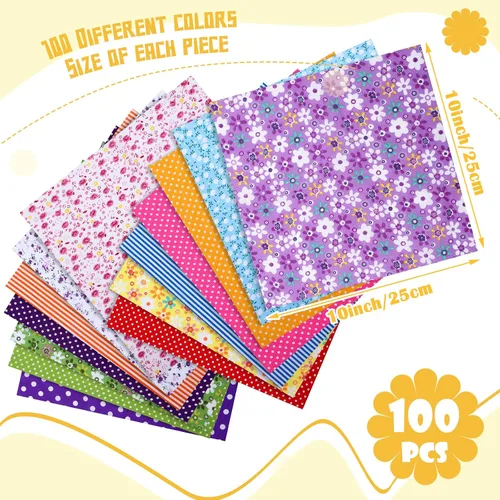 Vista 2 de Moukeren - 100 piezas de tela de algodón de 10 x 10 pulgadas, paquetes cuadrados para acolchado, costura, retazos precortados, estampados florales