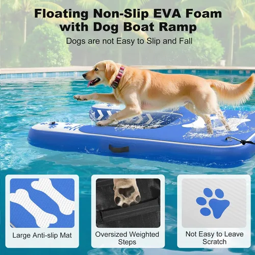 Vista 5 de Rampa inflable para perros de hasta 240 libras, plataforma flotante con espuma EVA antideslizante, segura y fácil acceso al agua, rampa para perros