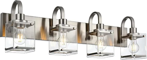 Vista 14 de Lámparas de tocador de baño de 3 luces, modernas luces de tocador con pantalla de vidrio transparente, lámpara de pared de níquel cepillado