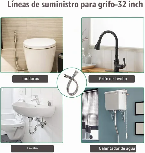 Vista 6 de Manguera de inodoro flexible de 32 pulgadas de largo para baño, cocina, líneas de suministro de acero inoxidable trenzadas, hilo de compresión