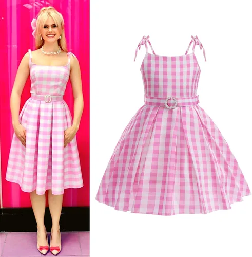Vista 3 de Kids Movie Heroine Costume Dress Girls Pink Plaid Dress Outfits Halloween Costume Movie Party Cosplay with Accessories