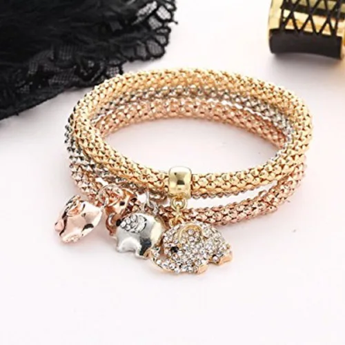 Vista 2 de Pulseras elásticas I's - 3 pulseras de cadena de maíz de oro rosa con dijes de cristal para mujer