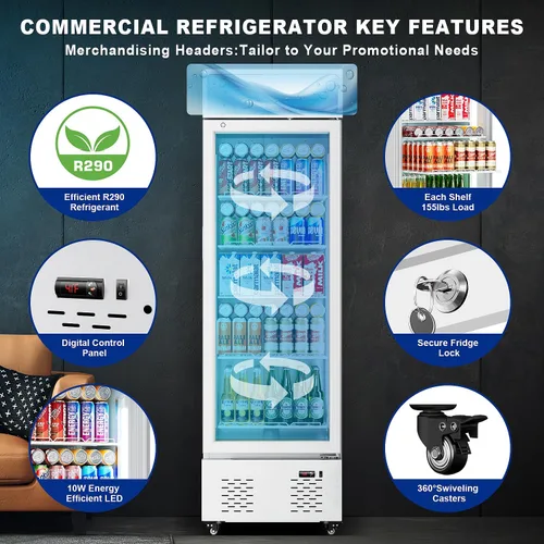 Vista 3 de 11 Cu.ft White Commercial Display Refrigerator Cooler,Glass Door Beverage Refrigerators with LED Light and 5 Shelves