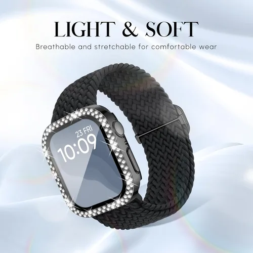 Vista 2 de Correa trenzada elástica compatible para bandas de Apple Watch para mujeres y estuche de 40 mm, 41 mm, 42 mm, 44 mm, 45 mm, 46 mm, protector