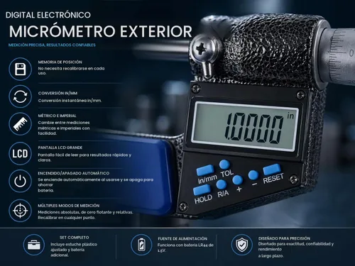 Vista 2 de Accusize Industrial Tools 0-1"/0-25 mm por 0.00005"/0.001 mm Micrómetro Digital Electrónico de 7 Teclas, Resistente al Agua, Ac21-1022