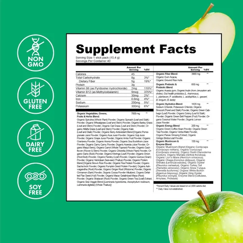 Vista 5 de Zena Nutrition Polvo de Energía y Hidratación de Super Verdes Orgánicos, Más de 70 Superalimentos, 0 Azúcar, 5G de Fibra, Espirulina, Clorella