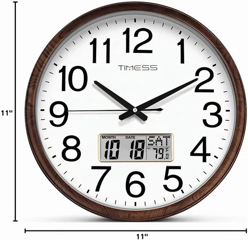 Vista 7 de Reloj de pared TIMESS, acabado clásico estilo madera, de 11 pulgadas, silencioso, sin tictac, funciona con pilas, de cuarzo, analógico